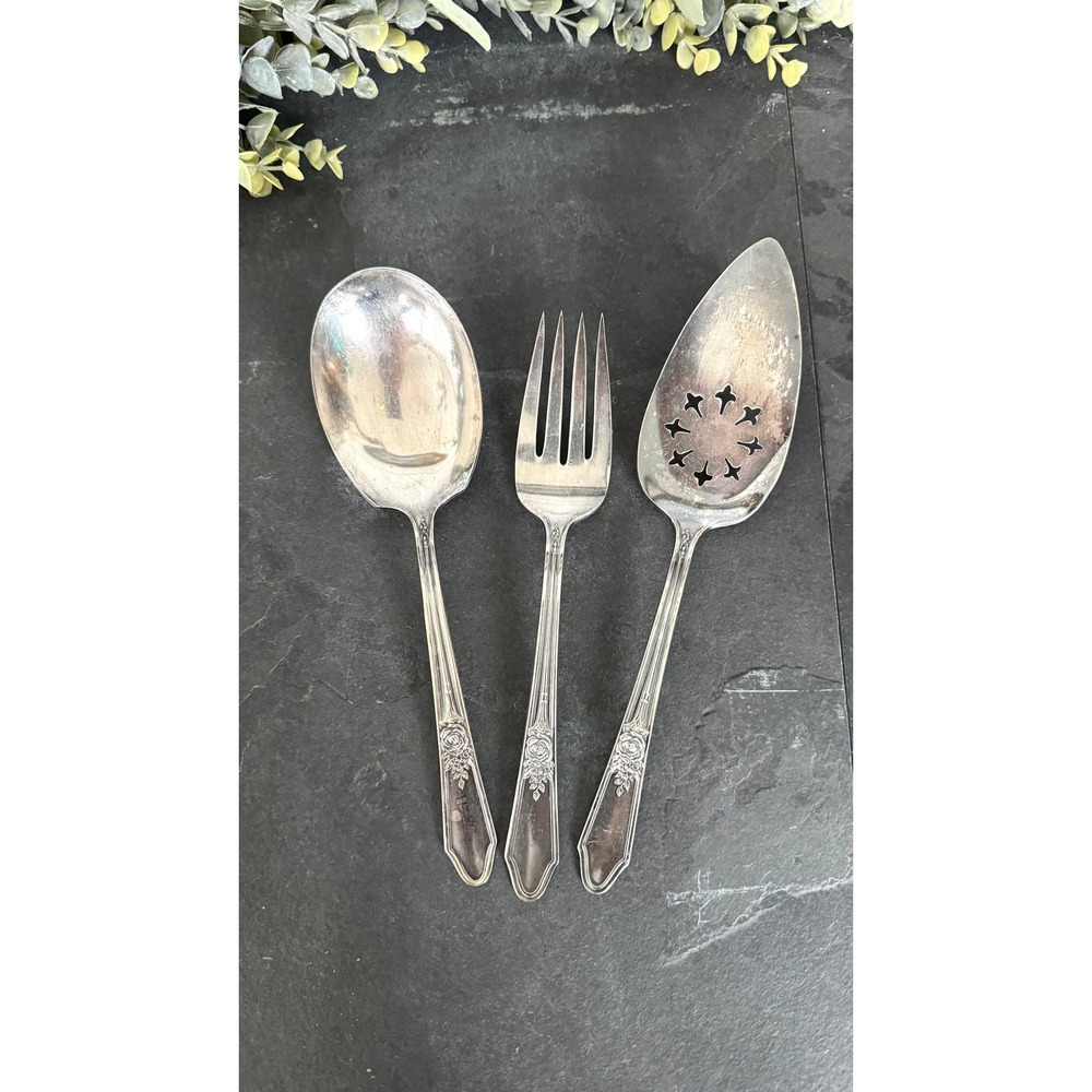 R&B Rosedale rose Serving Fork Spoon & cake Pie Server Silverplate vintage 1930s